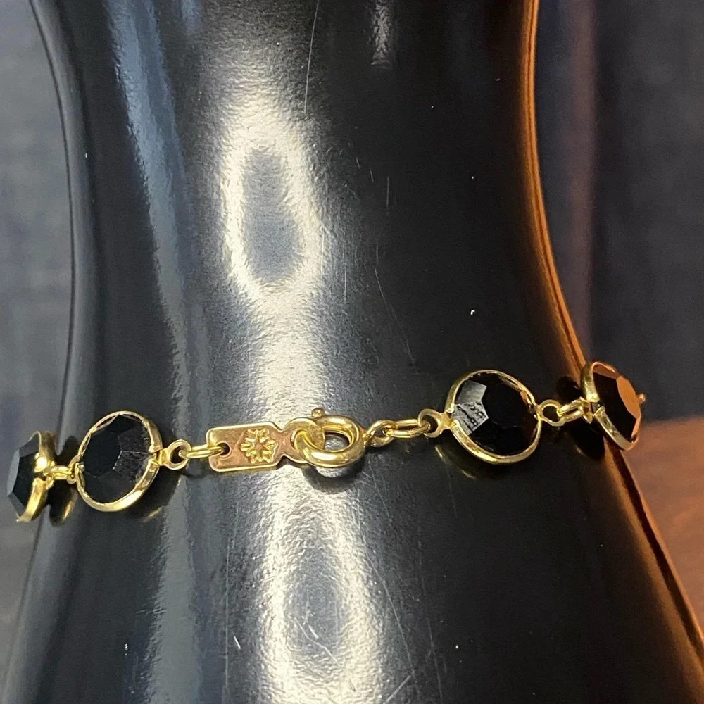 Vintage Gold Tone Bracelet & Earrings Set Black Faceted‎ Stones Sunburst Mark